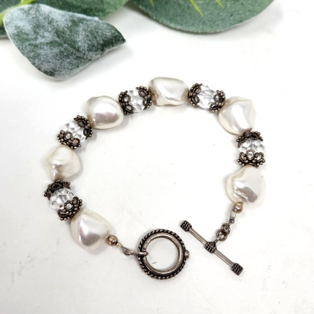 STERLING SILVER Faux Pearl Beaded Bracelet‎